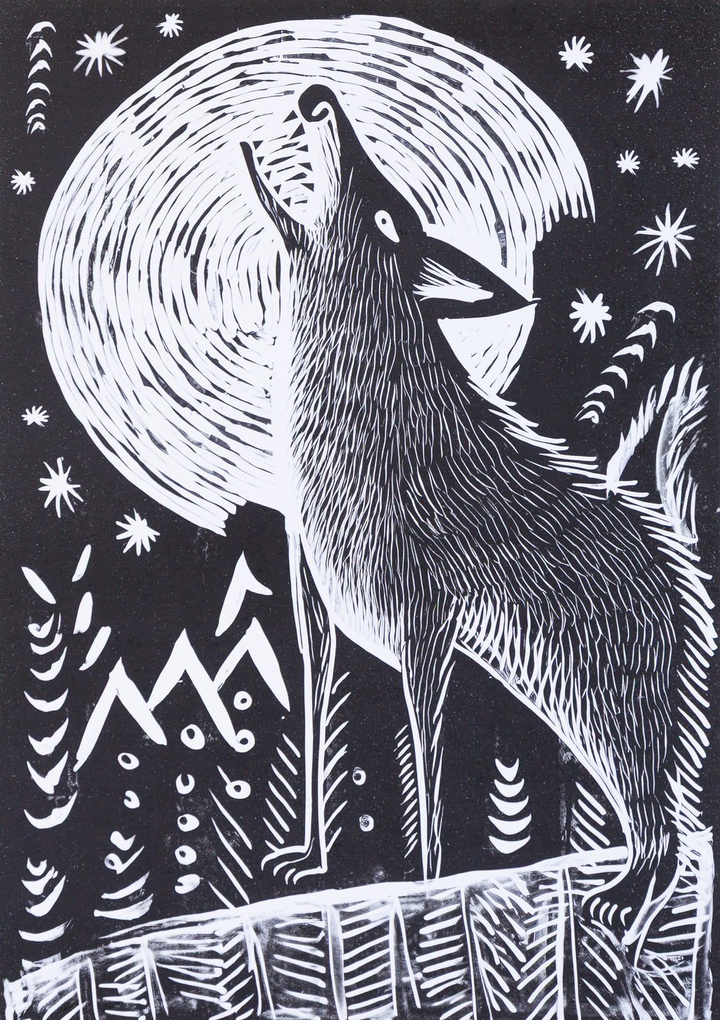 Black and White Wolf Folk Art
