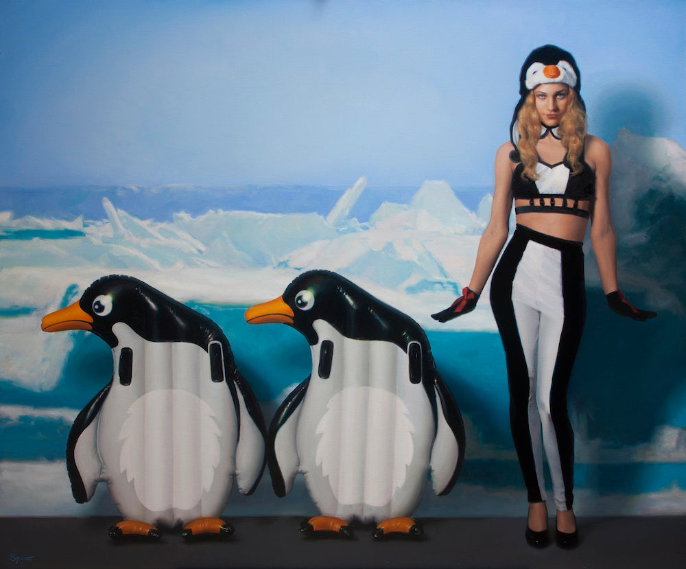 SJ Fuerst original oil on canvas featuring a model dressed in a penguin costume alongside two inflatable penguins