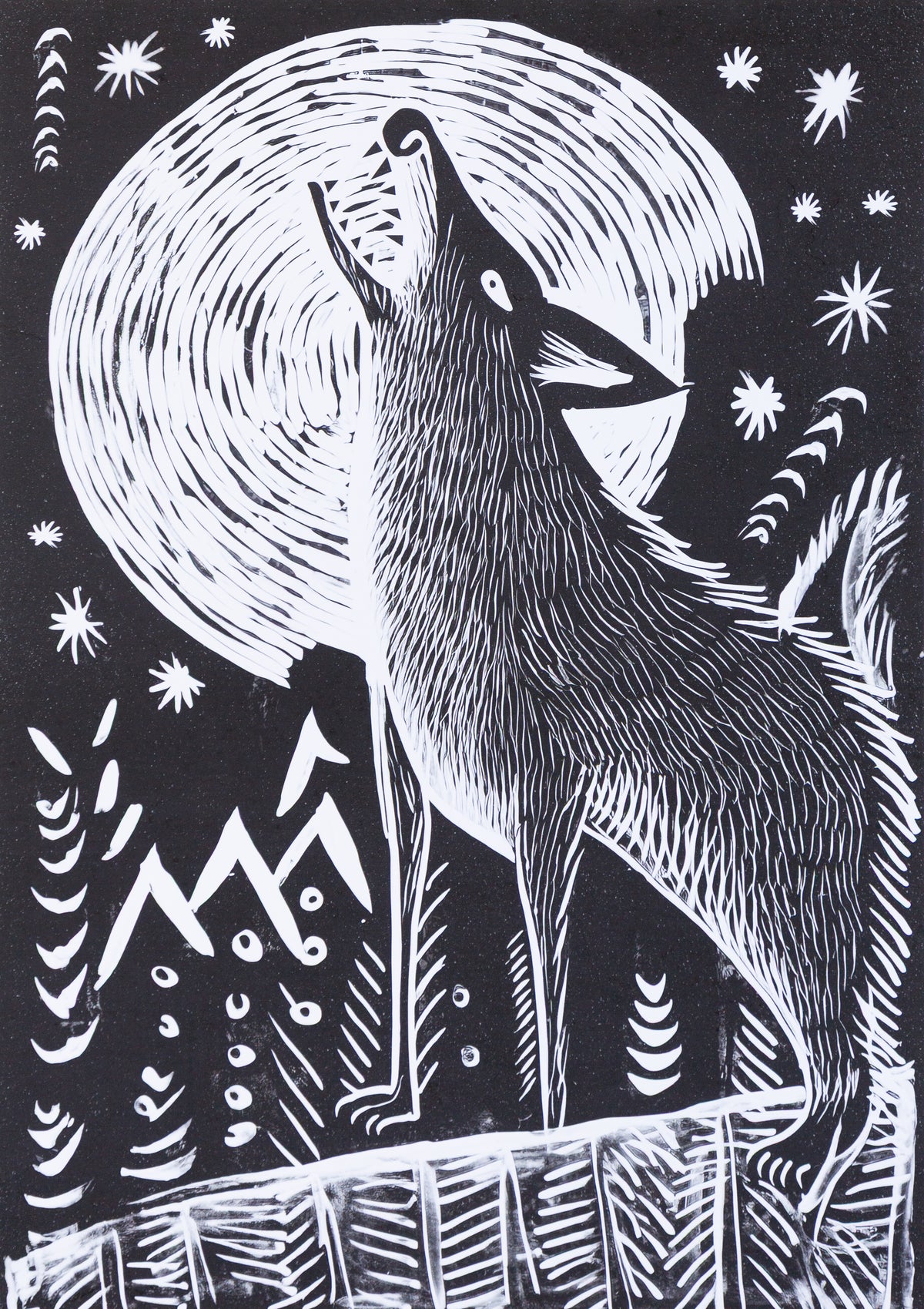 Black and White Wolf Folk Art