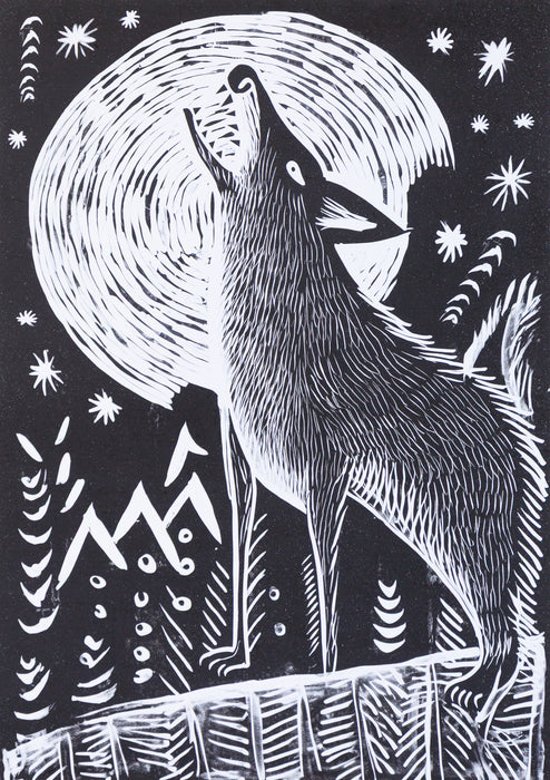 Black and White Wolf Folk Art